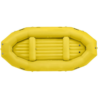 Aerial view of a yellow NRS Otter Series raft with two internal seats and a lined floor, crafted from durable Pennel Orca fabric for outfitter-grade performance.