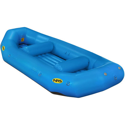 This blue NRS Otter Series raft features a yellow logo, reinforced sides, seating areas, and is constructed with Pennel Orca fabric for outfitter-grade performance during your adventurous outings.