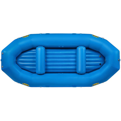 A top view of a blue inflatable raft, made with Pennel Orca fabric for outfitter-grade performance, featuring two internal seating sections and reinforced edges, showcasing the renowned durability of the NRS Otter Series Rafts for thrilling water adventures.
