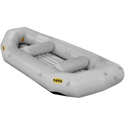 A gray Otter Series Raft by NRS features two seats, a yellow logo on the side, and is made from durable Pennel Orca fabric for outfitter-grade performance.