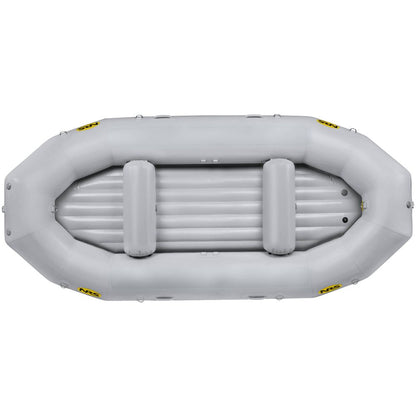 Aerial view of a gray inflatable raft with inner ridges and two crossbars, crafted for outfitter-grade performance. Made from durable Pennel Orca fabric, it embodies the reliability and quality that NRS Otter Series Rafts are known for.