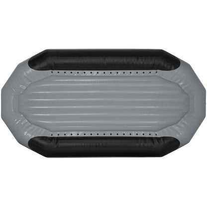 The NRS Otter Series Rafts feature a top view of a gray inflatable raft with black borders and an elongated, ribbed surface, highlighting outfitter-grade performance. Crafted from durable Pennel Orca fabric, it's designed for adventure and reliability.