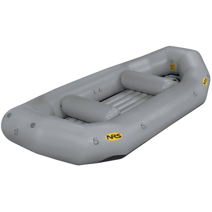 The gray NRS Otter Series Raft, emblazoned with a yellow NRS logo, delivers outfitter-grade performance. It has three interior chambers and multiple handles, crafted from durable Pennel Orca fabric for reliable use on the water.