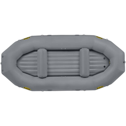 Top view of an NRS Otter Series gray inflatable raft with two seats and a ribbed floor for outfitter-grade performance.