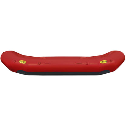 A red inflatable kayak, made from durable Pennel Orca fabric and displaying two yellow NRS logos on the sides, is designed for outfitter-grade performance comparable to NRS Otter Series Rafts. It is photographed from the side on a plain white background.