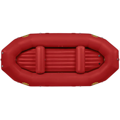 The NRS Otter Series red inflatable raft exhibits outfitter-grade performance, featuring two bench seats and a textured floor made of durable Pennel Orca fabric, viewable from above.