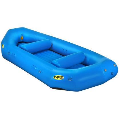 The NRS Otter Series Rafts, crafted from Pennel Orca fabric, showcase a blue inflatable design adorned with yellow branding. This vessel glides effortlessly, equipped with outfitter-grade performance and two interior seats.