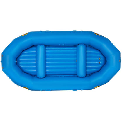 The NRS Otter Series Rafts offer outfitter-grade performance with a blue inflatable design, ribbed interior, yellow side patches, and are crafted from durable Pennel Orca fabric for enhanced strength.
