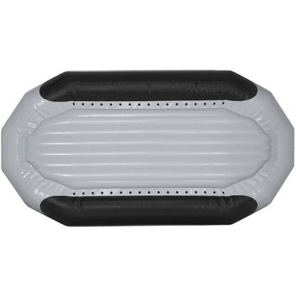 Top view of the NRS Otter Series Raft shows its elongated octagonal design in gray and black. It boasts outfitter-grade performance, crafted from sturdy Pennel Orca fabric.