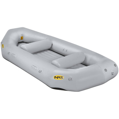 The gray inflatable NRS Otter Series Raft includes three air chambers and displays the yellow NRS logo. Made with durable Pennel Orca fabric, it ensures outfitter-grade performance for any water adventure.