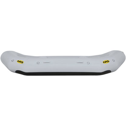 The inflatable raft from the NRS Otter Series features a white top and black bottom adorned with iconic yellow logos on the sides, designed for outfitter-grade performance using durable Pennel Orca fabric.