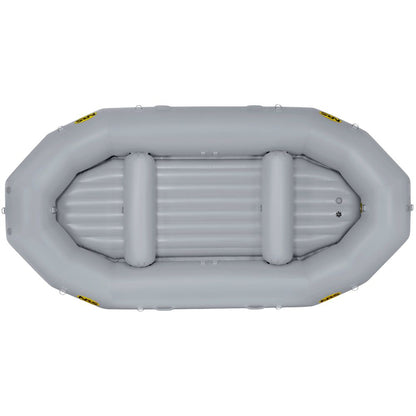 A gray inflatable raft, viewed from the top, features multiple air chambers and a ribbed floor for outfitter-grade performance. The NRS Otter Series Rafts are made with durable materials, ideal for your next adventure.