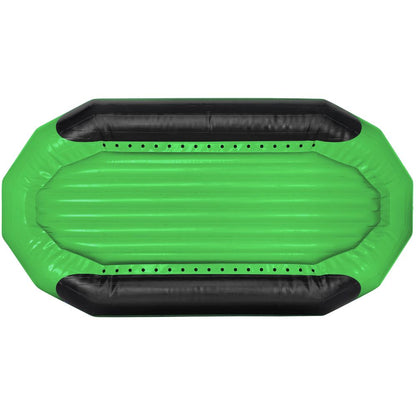 Aerial view of the NRS Otter Series Rafts, a green and black inflatable boat made from Pennel Orca fabric, highlighting outfitter-grade performance on a pristine white background.