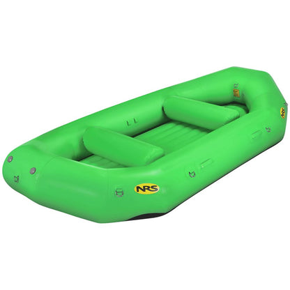 The NRS Otter Series Rafts feature a bright green inflatable raft with two seats, adorned with the NRS logo, made from durable Pennel Orca fabric for outfitter-grade performance—ideal for thrilling water activities.