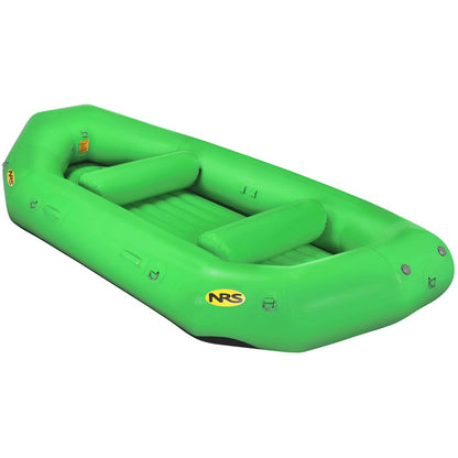 A vibrant green raft made from Pennel Orca fabric, with two seats and the NRS logo, is part of the Otter Series Rafts offering outfitter-grade performance for any adventure.