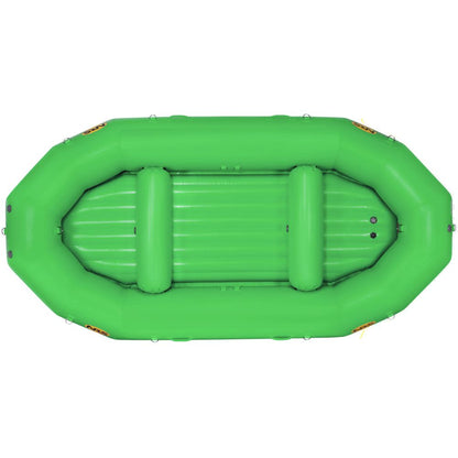 Top view of a green inflatable NRS Otter Series Raft featuring two seating sections and crafted from durable Pennel Orca fabric, offering outfitter-grade performance for your next adventure.