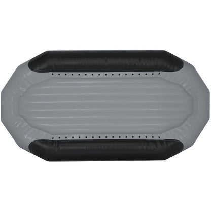 Aerial view of a gray and black inflatable boat with ribbed interior and angular ends, boasting outfitter-grade performance. Part of the NRS Otter Series Rafts, it's made from durable Pennel Orca fabric for superior water resilience.