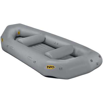 The NRS Otter Series Rafts feature a gray design with three seats and a logo on the side. Made from Pennel Orca fabric for outfitter-grade durability, this inflatable raft is ideal for waterway adventures.