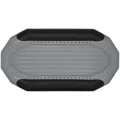 The NRS Otter Series Rafts feature a durable gray and black inflatable design made from Pennel Orca fabric, with an aerial view showcasing its elongated shape and ribbed interior for outfitter-grade performance.