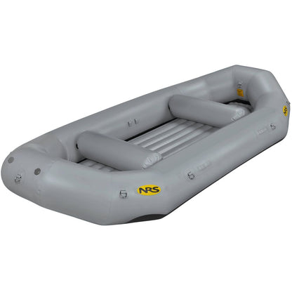 The NRS Otter Series Rafts in gray feature yellow logos, three bench seats, and multiple air valves. Crafted for outfitter-grade performance with durable Pennel Orca fabric, they ensure enhanced resilience and reliability for your adventures.