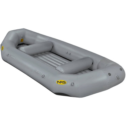 A gray inflatable raft with a ribbed floor and four horizontal supports, made of durable Pennel Orca fabric. It features the yellow "NRS" logo, ensuring outfitter-grade performance as part of the NRS Otter Series Rafts.