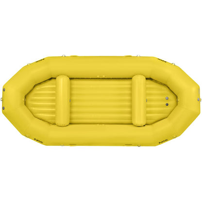 Aerial view of a bright yellow Otter Series raft by NRS, featuring ribbed flooring and two support beams, made from durable Pennel Orca fabric for outfitter-grade performance.