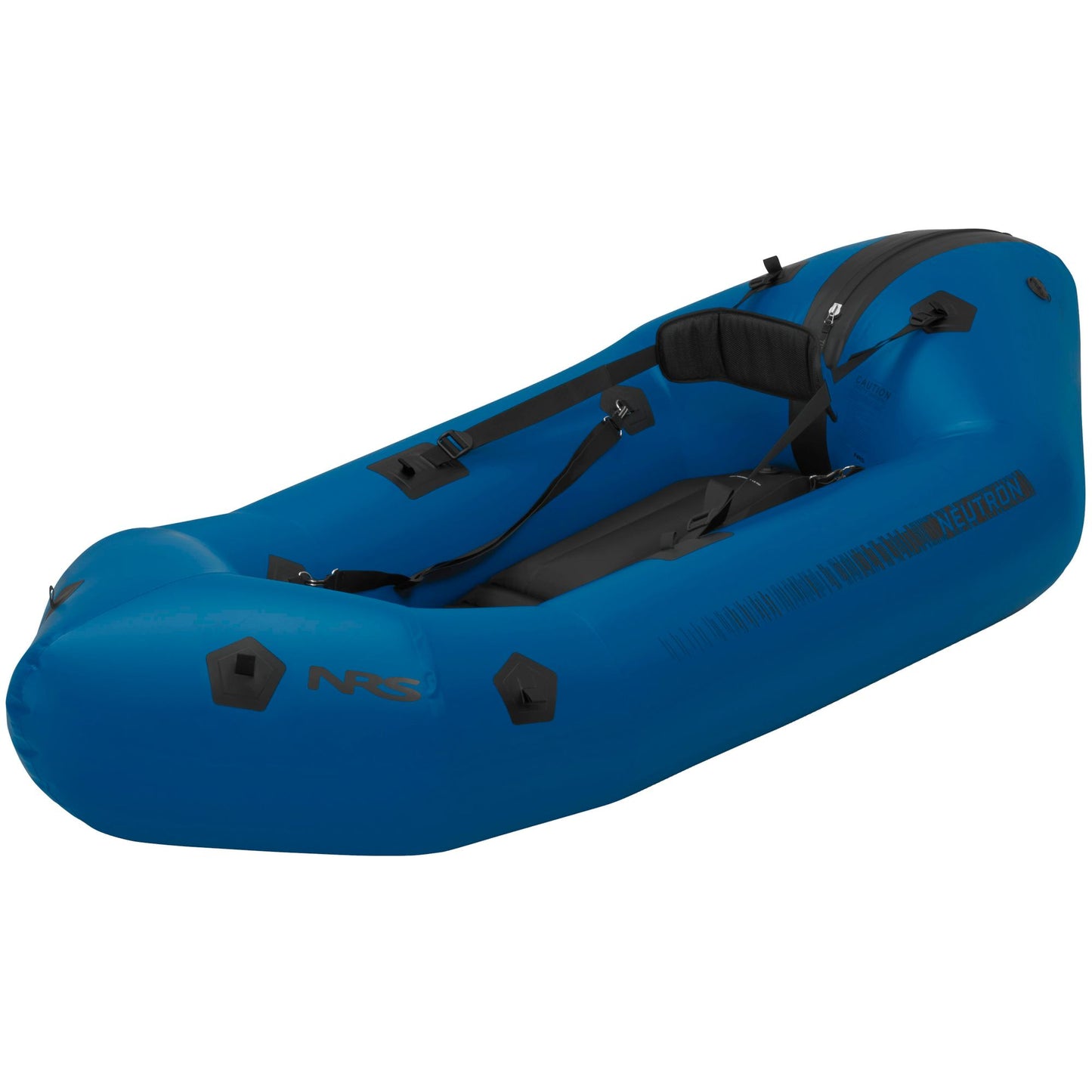 Inflatable blue Neutron Packraft with adjustable seating, footrests, and a self-bailing floor by NRS.