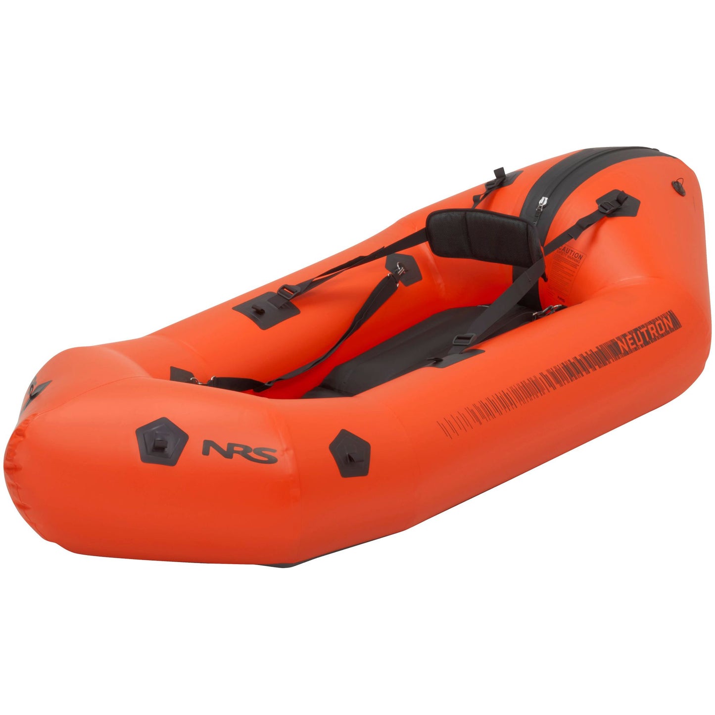 Inflatable orange Neutron packraft with black seats and a self-bailing floor, isolated on a white background by NRS.