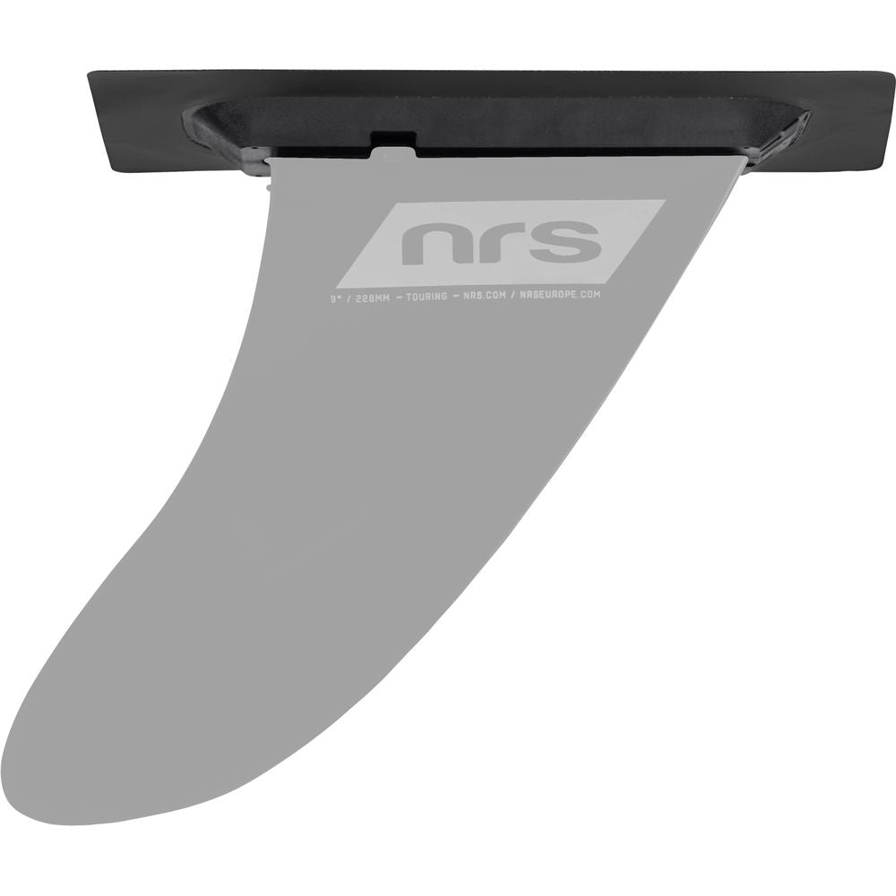 The NRS Fin/Skeg Plate, featuring the brand logo on a gray blade, is seamlessly attached to a black mounting plate. It fits inflatable SUP boards and fits neatly into an SUP fin box or serves as an NRS fin replacement.