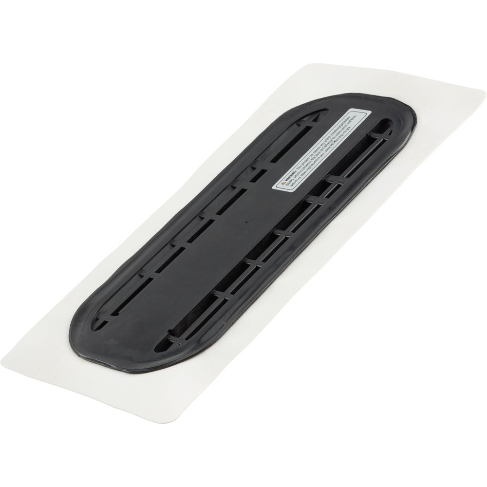 The NRS Fin/Skeg Plate is an oval black vent cover on a white rectangular backing with a grid pattern, ideal for optimizing your SUP fin box setup. It features a small text label and seamlessly integrates with inflatable SUP boards.