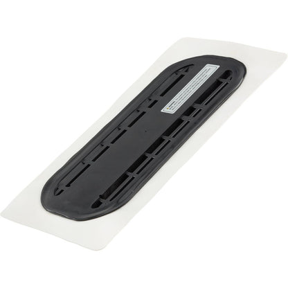 The NRS Fin/Skeg Plate is an oval black vent cover on a white rectangular backing with a grid pattern, ideal for optimizing your SUP fin box setup. It features a small text label and seamlessly integrates with inflatable SUP boards.