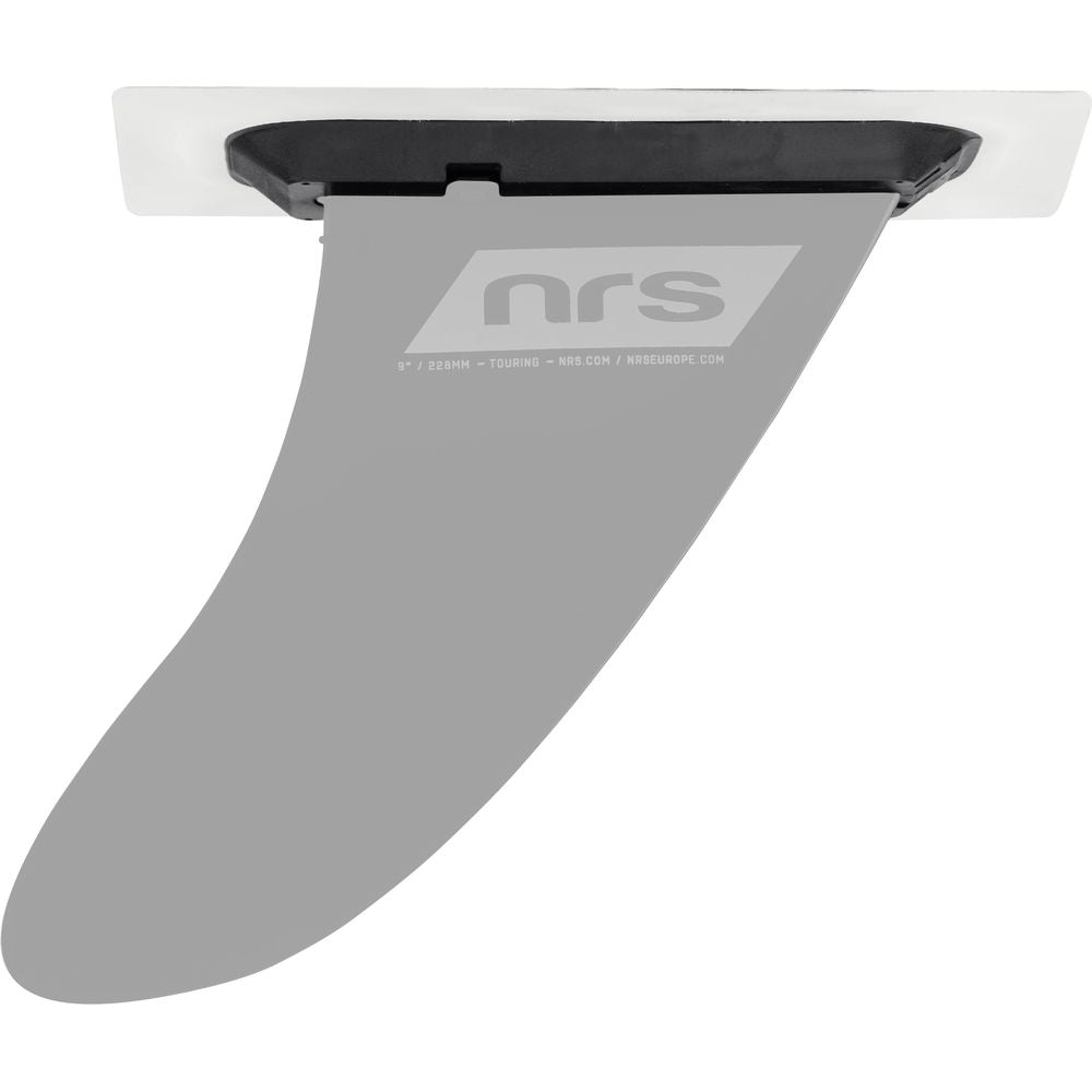 Gray NRS Fin / Skeg Plate for inflatable SUP, fits seamlessly into a white fin box.