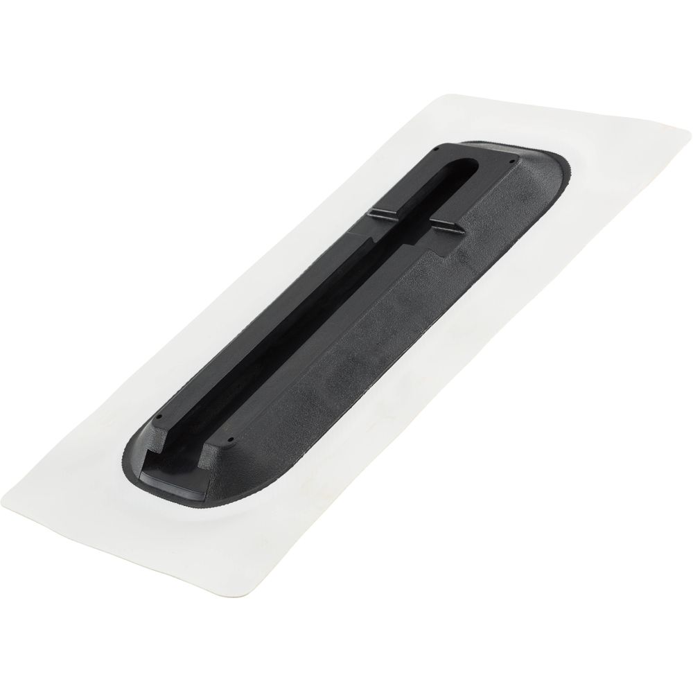 The NRS Fin / Skeg Plate features a black plastic rectangular handle and a white frame, designed for mounting on flat surfaces to secure inflatable SUP boards or NRS Fin Replacement Plates.