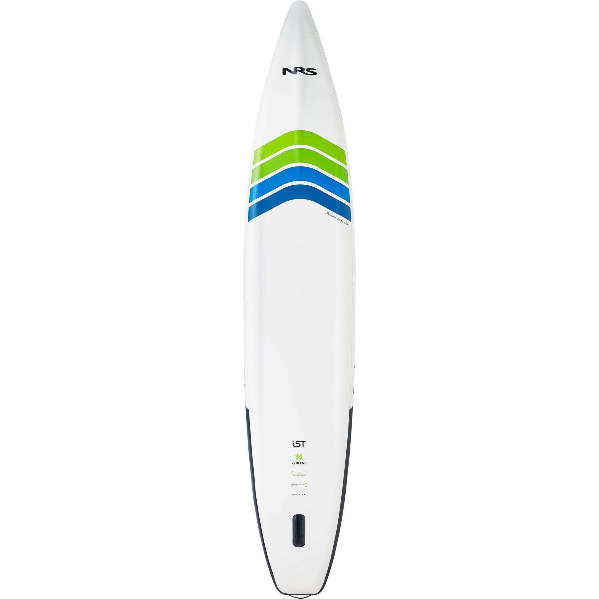 White Clipper 12'6 paddleboard with green, blue, and teal stripes near the top, featuring a V-Hull design for enhanced stability. A small fin at the bottom and "NRS" branding at the top complete this touring board, which incorporates Integrated Shaping Technology for optimal performance.