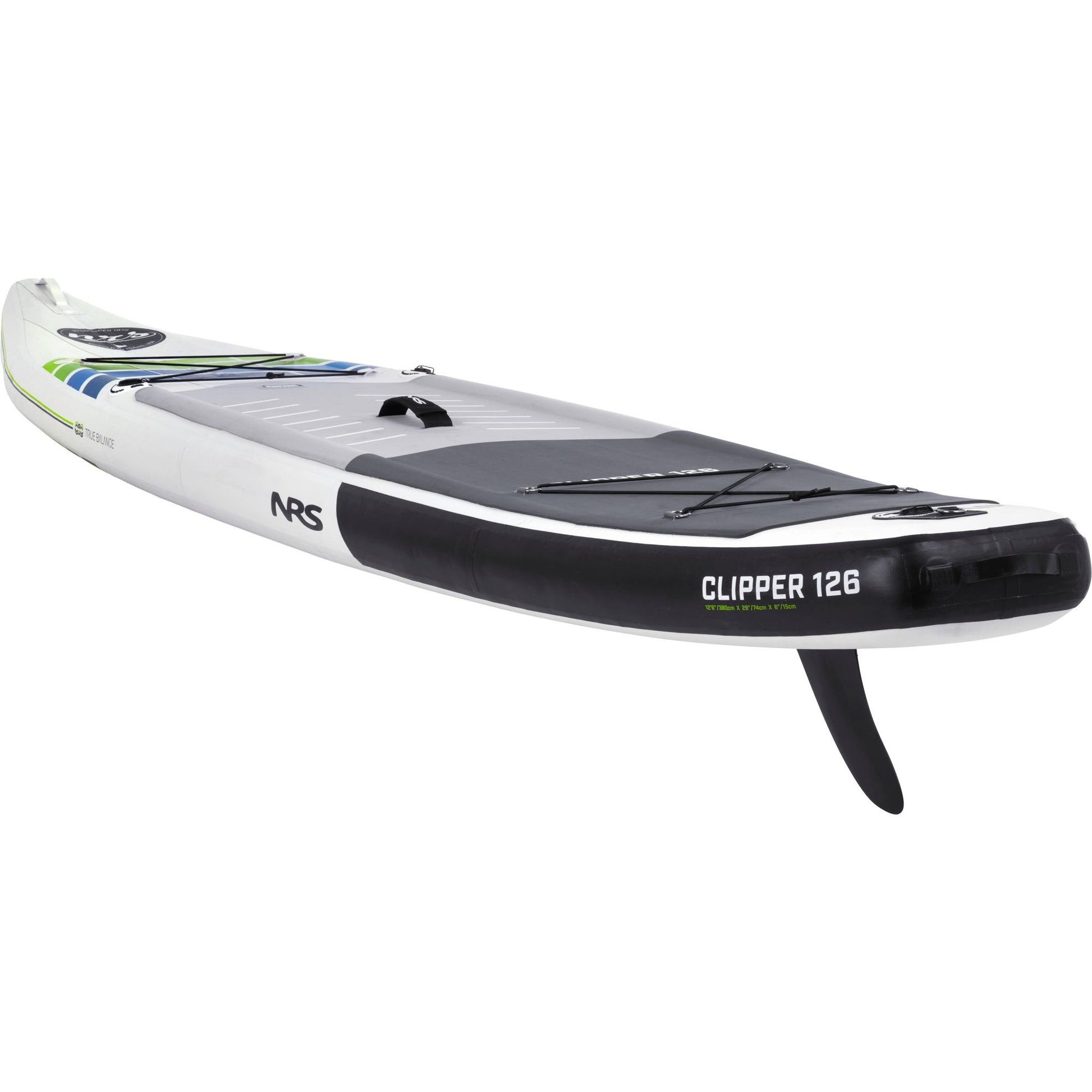 A white and black NRS Clipper 12'6 touring board with green and blue accents, featuring a fin and bungee cord storage area on the deck, is enhanced by Integrated Shaping Technology.
