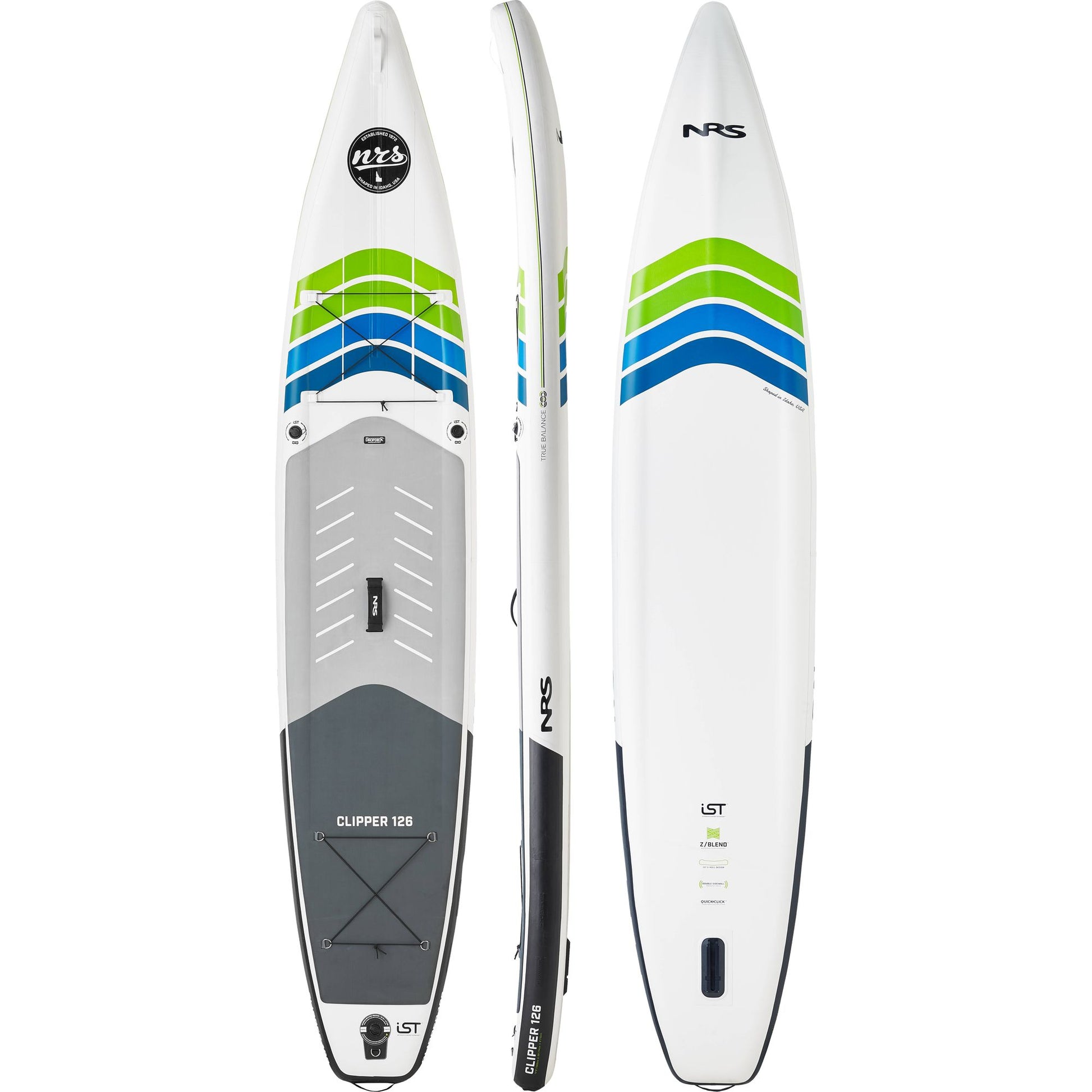Three angles of an inflatable paddleboard are shown: top, side, and bottom, with a gray deck, green and blue stripes, and the NRS logo. The model name "Clipper 12'6" is visible. This touring board features a sleek V-Hull design for enhanced speed and stability on the water.