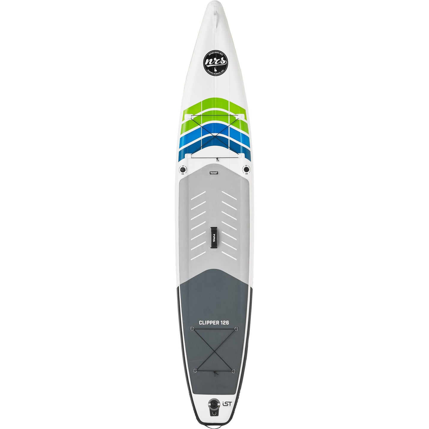 A white and gray NRS Clipper 12'6 stand-up paddleboard with blue and green stripes near the front, featuring a handle in the center and bungee cords at the back, designed as a touring board with Integrated Shaping Technology for enhanced performance.