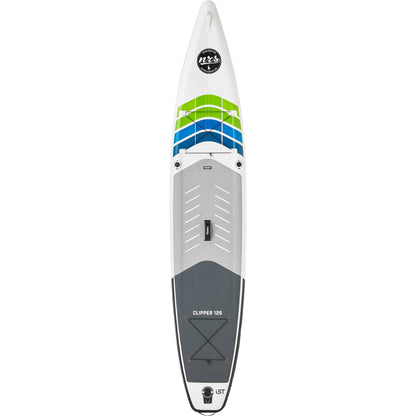 A white and gray NRS Clipper 12'6 stand-up paddleboard with blue and green stripes near the front, featuring a handle in the center and bungee cords at the back, designed as a touring board with Integrated Shaping Technology for enhanced performance.