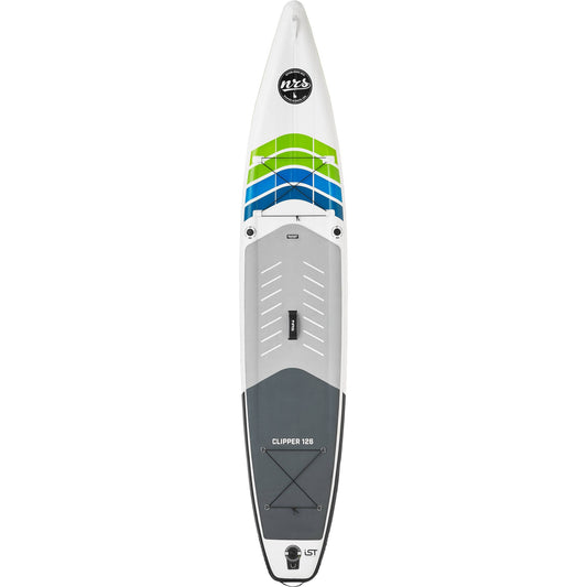 A white and gray NRS Clipper 12'6 stand-up paddleboard with blue and green stripes near the front, featuring a handle in the center and bungee cords at the back, designed as a touring board with Integrated Shaping Technology for enhanced performance.
