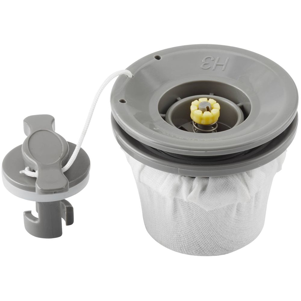 The NRS H3 Valve in gray includes a white mesh bag, plastic attachment, and connecting cord. It's designed for STAR inflatables, ensuring easy and efficient pool maintenance.