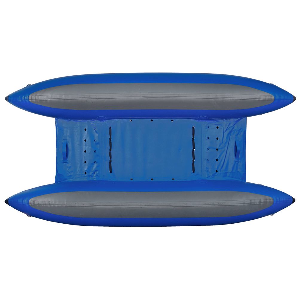 An overhead view of the NRS STAR Slice Paddle Cats, a blue inflatable pontoon boat with gray accents and two pontoons, featuring a self-bailing floor ideal for whitewater adventures.