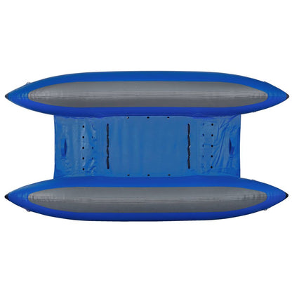 An overhead view of the NRS STAR Slice Paddle Cats, a blue inflatable pontoon boat with gray accents and two pontoons, featuring a self-bailing floor ideal for whitewater adventures.