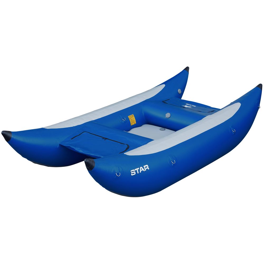 The NRS STAR Slice & Slice XL Paddle Cats are blue and white inflatable paddle catarafts with pointed ends, featuring a self-bailing floor, seat area, and multiple attachment points for thrilling whitewater adventures.