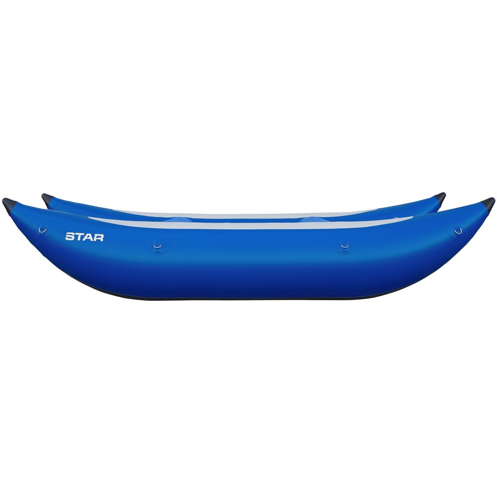 The NRS STAR Slice & Slice XL Paddle Cats, a blue inflatable kayak with a self-bailing floor, is shown from the side against a white background.