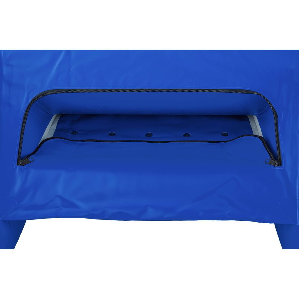 A blue tarp with an open flap, secured by a black zipper, reveals the interior, perfect for storing STAR Slice & Slice XL Paddle Cats by NRS. Its design boosts whitewater performance and includes a self-bailing floor for convenience.