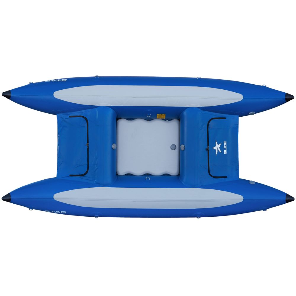 The NRS STAR Slice & Slice XL Paddle Cats are blue paddle catarafts ideal for whitewater adventures, featuring two pontoons and a central seating area with a self-bailing floor.