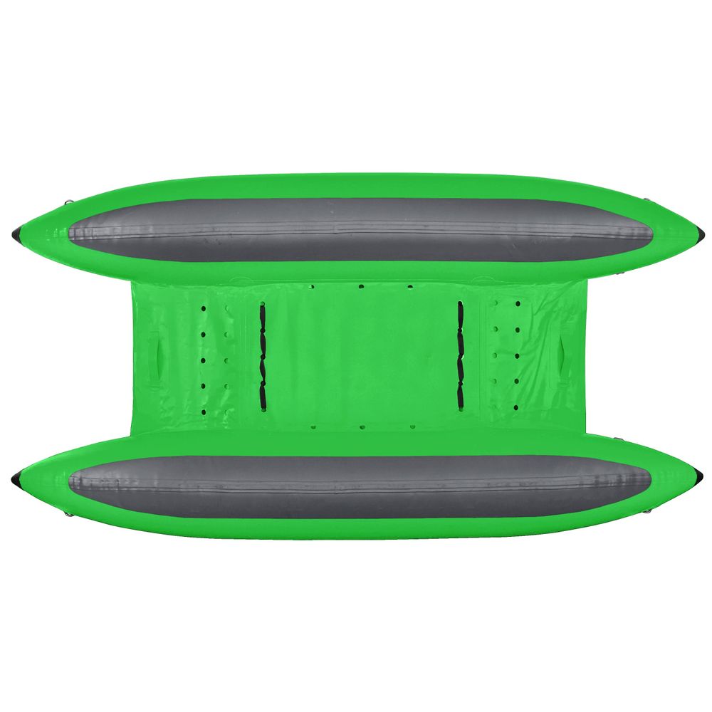 Top view of a green NRS STAR Slice & Slice XL Paddle Catamaran, showcasing dual pontoons and a self-bailing floor for improved whitewater performance.