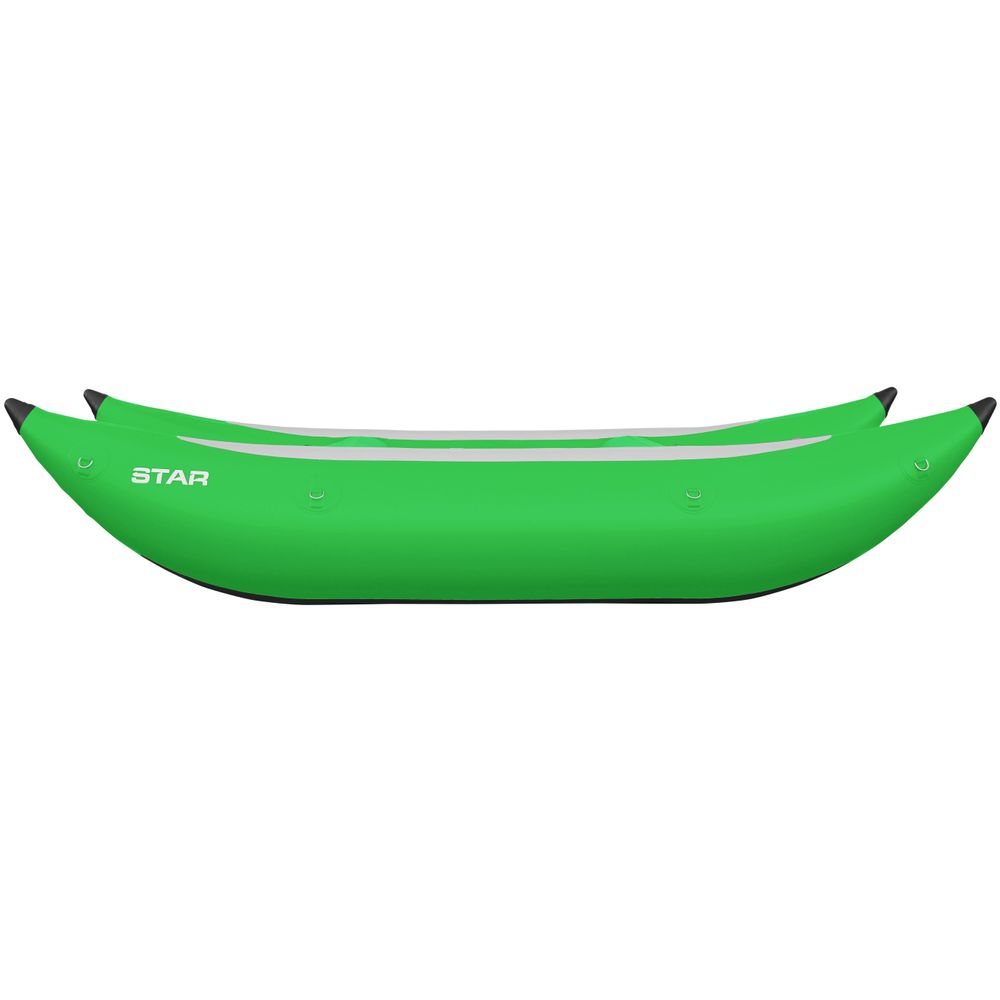 The STAR Slice & Slice XL Paddle Cats by NRS is a green inflatable kayak with black tips, equipped with a self-bailing floor for better whitewater performance, shown from the side.