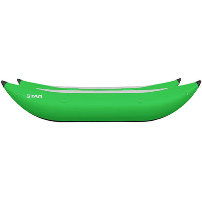 The STAR Slice & Slice XL Paddle Cats by NRS is a green inflatable kayak with black tips, equipped with a self-bailing floor for better whitewater performance, shown from the side.