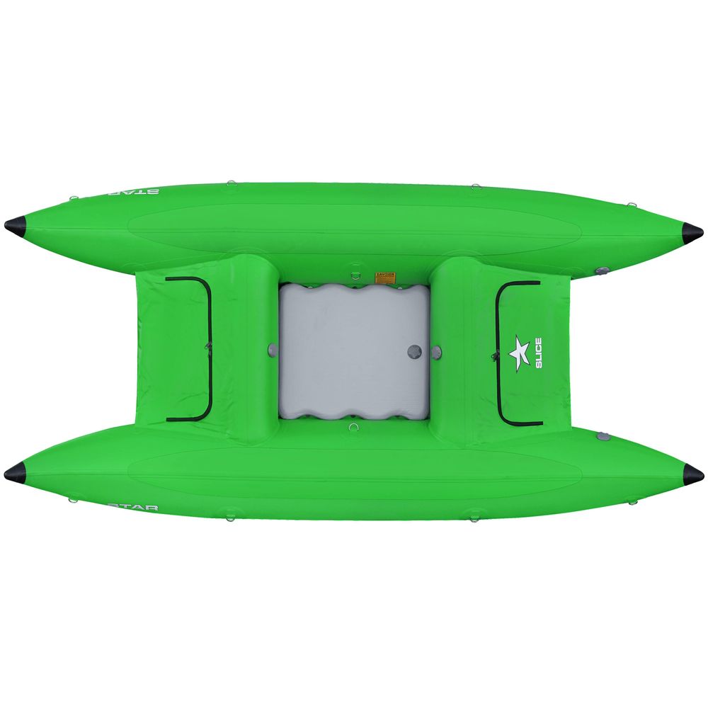 The STAR Slice & Slice XL Paddle Cats by NRS are bright green inflatable pontoon boats, designed for exceptional whitewater performance, featuring two pontoons and a central seating area with a self-bailing floor.